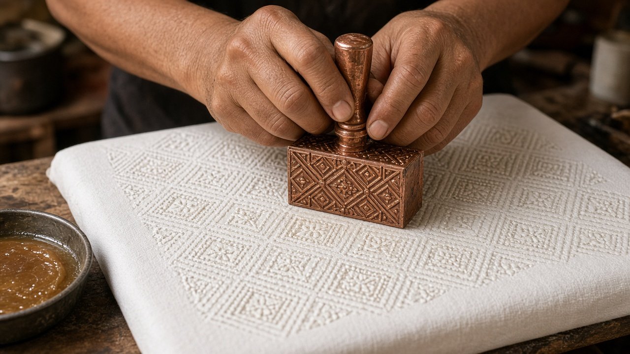 Proses pembuatan batik cap menggunakan cap tembaga